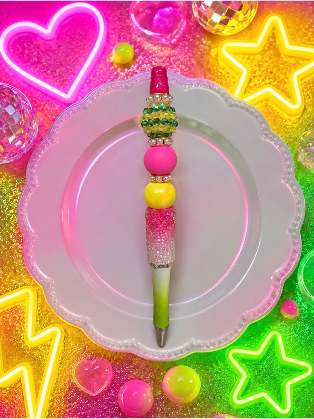 Handmade Neon Beaded Glam Pen - Pink, Yellow, Green